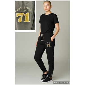 Size M Hard Rock Joggers Black Gold Leopard Print Patch 71 Pants Zipper Ankles